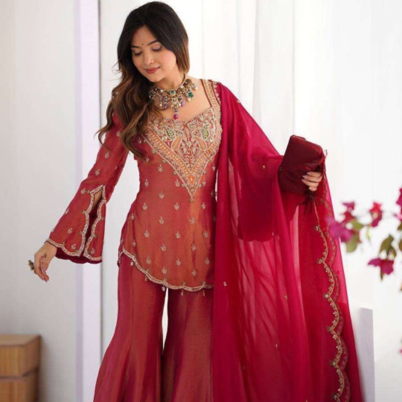 Women Ethnic Motifs Embroidered Regular Thread Work Dupion Silk Kurta with Palazzos & With Dupatta