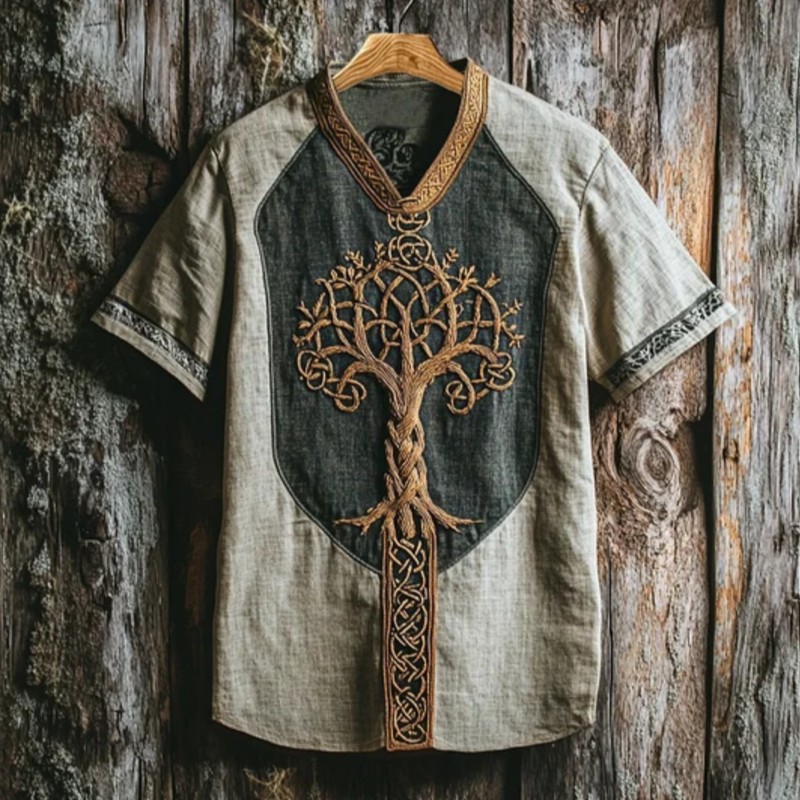 Mens Viking Life Of Tree Celtic Knot Art Linen Vneck T Shirt