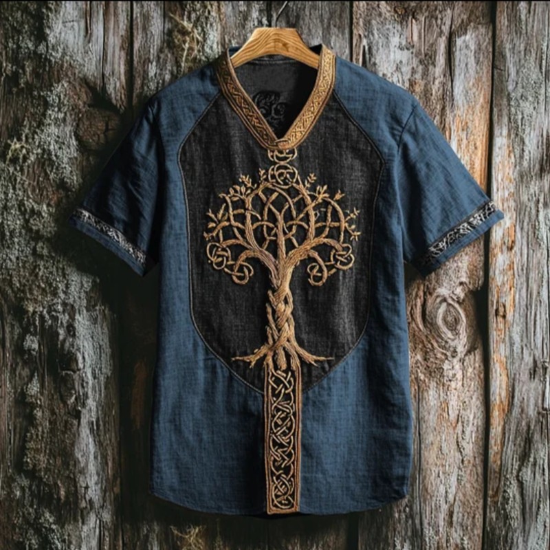 Viking Inspired Tree Of Life Embroidered Linen Shirt