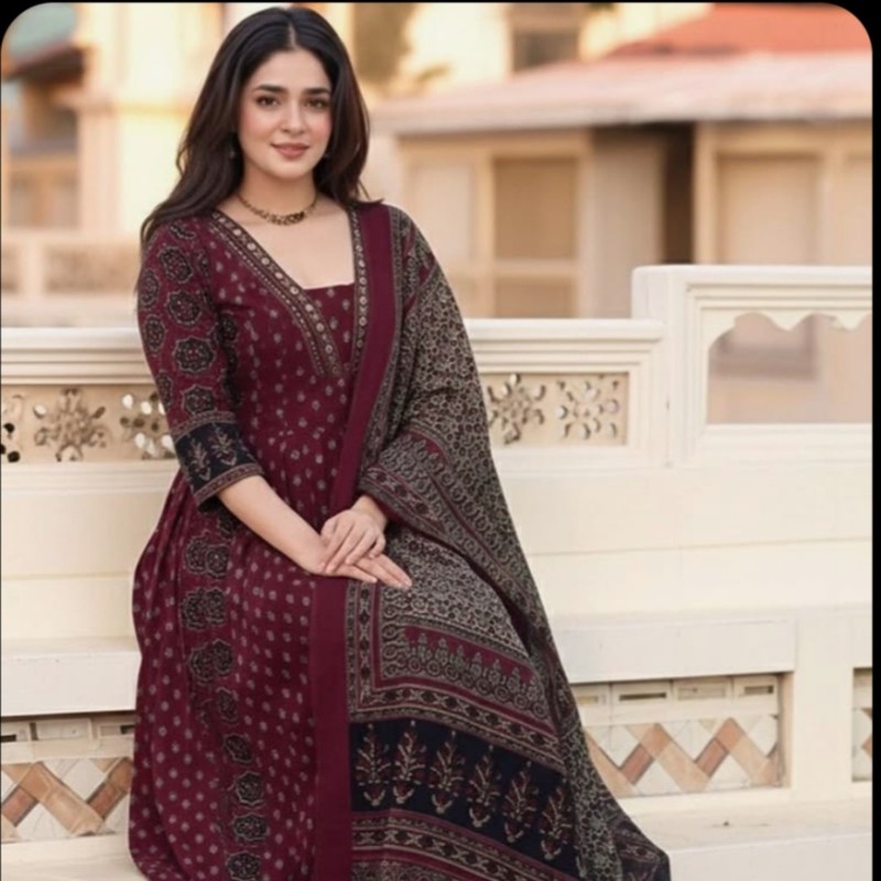 Maroon Anarkali Kurta Set with Dupatta